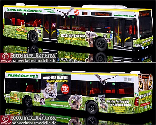 Rietze Busmodell Artikel 69900 Sondermodell Mercedes Benz O 530 Citaro E 4 Facelift Hamburger Hochbahn mit Werbung Wildpark Schwarze Berge