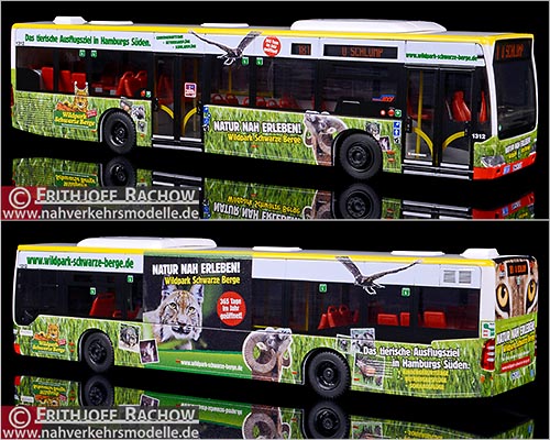 Rietze Busmodell Artikel 69900 Sondermodell Mercedes Benz O 530 Citaro E 4 Facelift Hamburger Hochbahn mit Werbung Wildpark Schwarze Berge