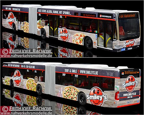 Rietze Busmodell Sondermodell Mercedes-Benz O 530 Citaro G Euro vier Facelift Hamburger Hochbahn Aktiengesellschaft mit Werbung Smiley's Pizza