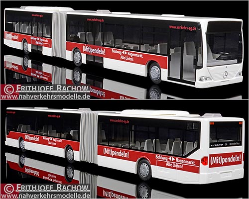 Rietze Busmodell Sondermodell Mercedes-Benz O 530 Citaro G Braunschweiger Verkehrs A G mit Eigenwerbung Mit Pendeln. Im Sommer 2005 war das Vorbild fr dieses Modell im Rahmen des Pendleverkehrs zum Bauprojekt Bohlweg Hagenmarkt in Braunaschweig unterwegs