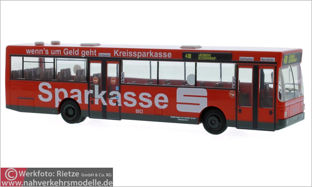 Rietze Busmodell Artikel 72128 M A N S L 202 Kreiswerke Heinsberg Westenergie und Verkehr Geilenkirchen mit Werbung Sparkasse