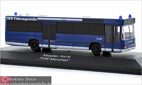 Rietze Busmodell Artikel 71700 NEOPLAN N 416 T H W München-Mitte Führungsstelle Einsatzserie 1 zu 87